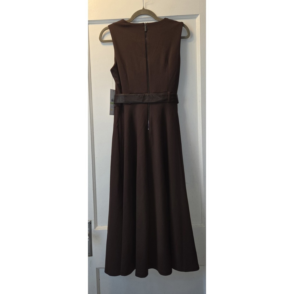 NWT Calvin Klein Brown Belted A Line Sleeveless Faux Leather Belted Dress.  4 - Picture 4 of 8